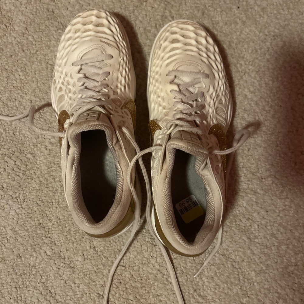 Nike White and Gold Glitter Athletic Sneakers